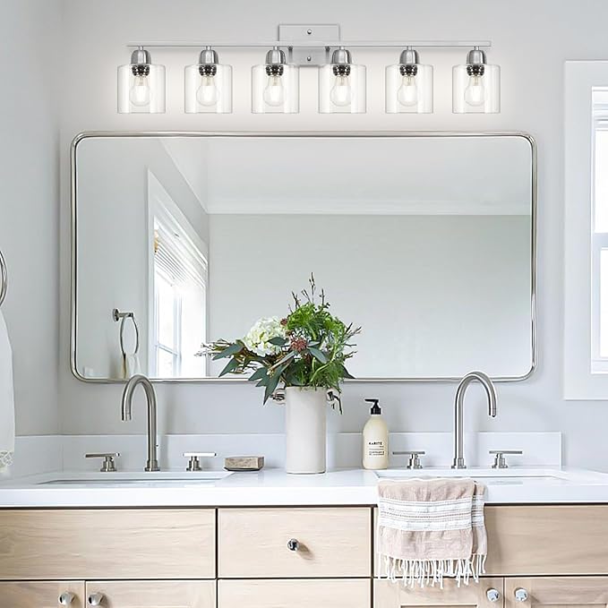 Modern Brushed Nickel 6 Light Bathroom Light Fixtures,38 inch Vanity Lights for Bathroom with Clear Glass, Vanity Light for Mirror Kitchen Living Room Hallway Cabinet Porch