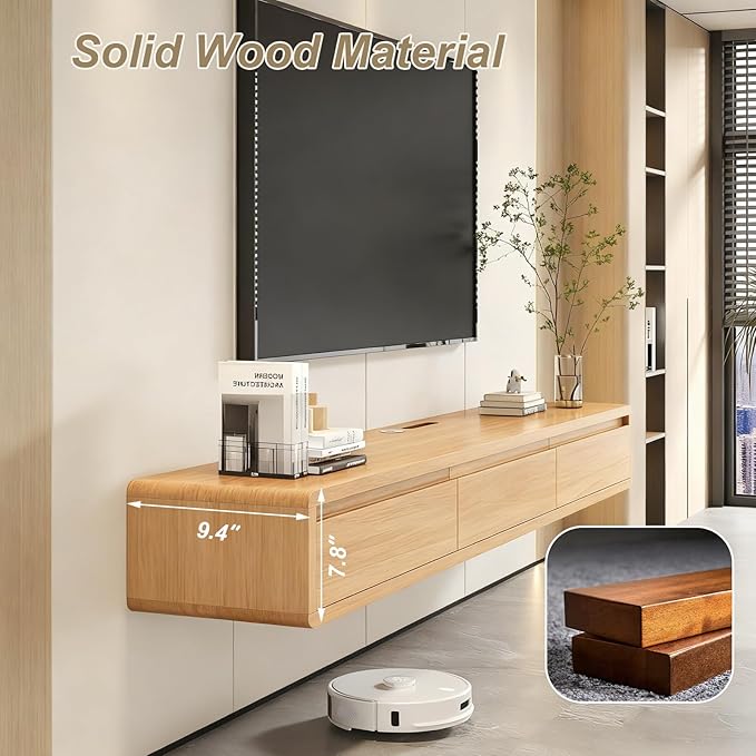 Solid Wood Floating TV Stand, Wall Mounted Entertainment Center with 2 Drawers, Floating TV Shelf for Living Room Bedroom & Office (Natural Wood, 63in)