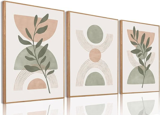 Bwodke Boho Wall Art, Framed Abstract Wall Art, Green Botanical Neutral Canvas Wall Decor, Large Mid Century Plant Pictures Set of 3, Modern Minimalist Paintings, for Bedroom Living Room Bathroom