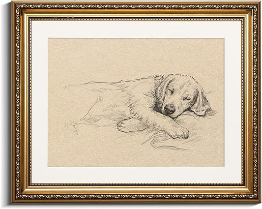 VIYYIEA Gold Framed Wall Art, Sleeping dog Canvas Print Home Decor Vintage Art Painting Picture Bathroom Wall Decor, Animals Artwork for Living Room Bedroom Kitchen Office - 16L x 13W