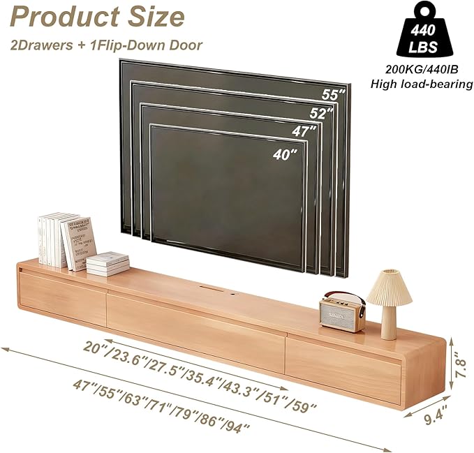 Solid Wood Floating TV Stand, Wall Mounted Entertainment Center with 2 Drawers, Floating TV Shelf for Living Room Bedroom & Office (Natural Wood, 71in)