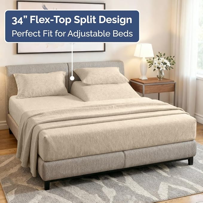 Split Head King Sheet Set – 4 Piece Flex Split Top King Sheets for Adjustable Beds - Fits 14” to 16" Mattress w/ Deep Pockets - Breathable & Cooling - Luxury Bedding and Wrinkle Free - Heathered Beige