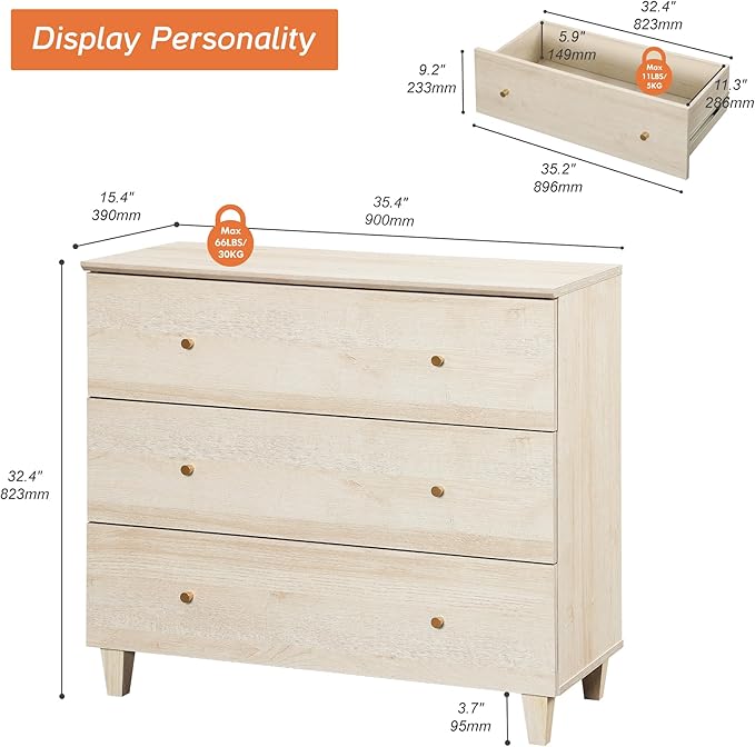 WAMPAT Bedroom Dresser with 3 Drawers, 35.4" Wide Wood Kids Dressers, Chest of Drawers, Modern Closet Organizer Bachelors Chest w/Solid Wood Legs for Living Room, Baby Room, Nursery, Light Oak