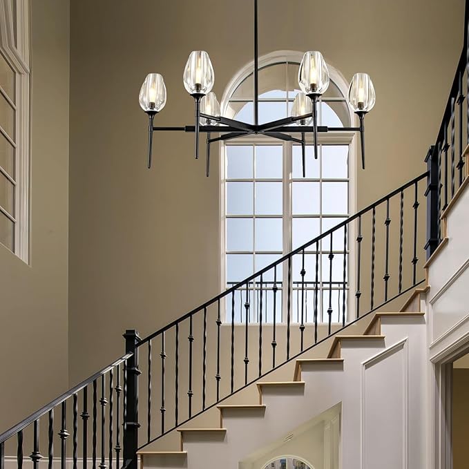 Modern Crystal Chandelier 6 Lights Black, 42in Black Round K9 Crystal Tulip Chandelier, Pendant Ceiling Light for Dining Living Room Bedroom Entryway Over Table, E12 Bulbs Included