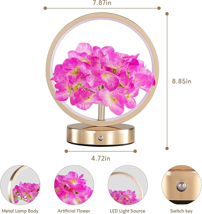 Birthday Gifts for Women Mom,Hydrangeas Flower Touch Lamp,Rechargeable Cordless 3 Way Dimmable Small Night Lightfor Home Decor,Bedroom,Living Room Office Thank You Gifts for Festival-Purple