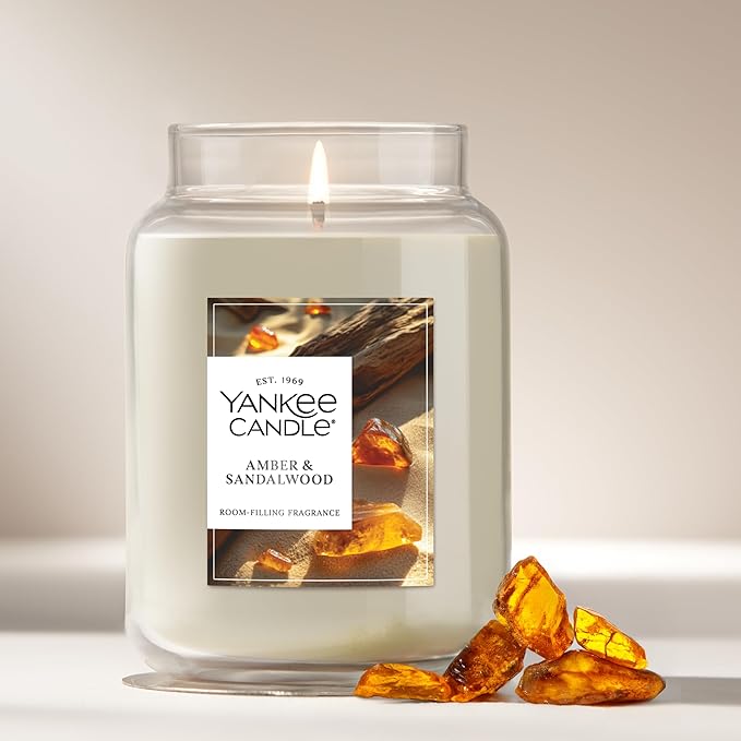 Yankee Candle Amber & Sandalwood, Scented Candle, 22oz Large Jar with up to 150 Hour Burn Time, Giftable