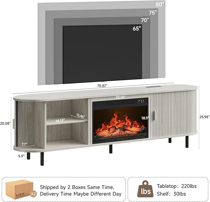 70.8" Fluted Fireplace TV Stand with 23" Electric Fireplace, Modern Chic Entertainment Center for TVs Up to 80 inches, Wooden Curved Media Console with Sliding Doors for Living Room, White Oak