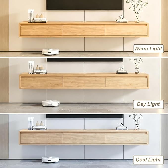 Solid Wood Floating TV Stand, Wall Mounted Entertainment Center with 2 Drawers, Floating TV Shelf for Living Room Bedroom & Office (Natural Wood, 63in)