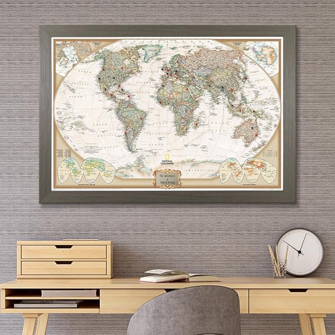 Push Pin Travel Maps Customizable Wall Art - Executive World - Barnwood Gray - Personalized Framed Pin Map, Includes 150 Pins - Handcrafted in USA - 27.5" x 39.5"