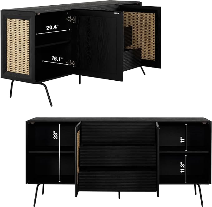 NTC MOSSIC Large Sideboard with 2 Doors and 3 Drawers, Buffet Cabinet with Natural Rattan and Metal Legs, Modern Storage Cabinet for Living Room, and Hallway, Effortless Assembly - Burnt Black