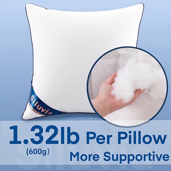 Siluvia 18"x18" Pillow Inserts Set of 2 Decorative Square Throw 18" Pillows with 100% Cotton Cover for Sofa, Couch, and Bed - White