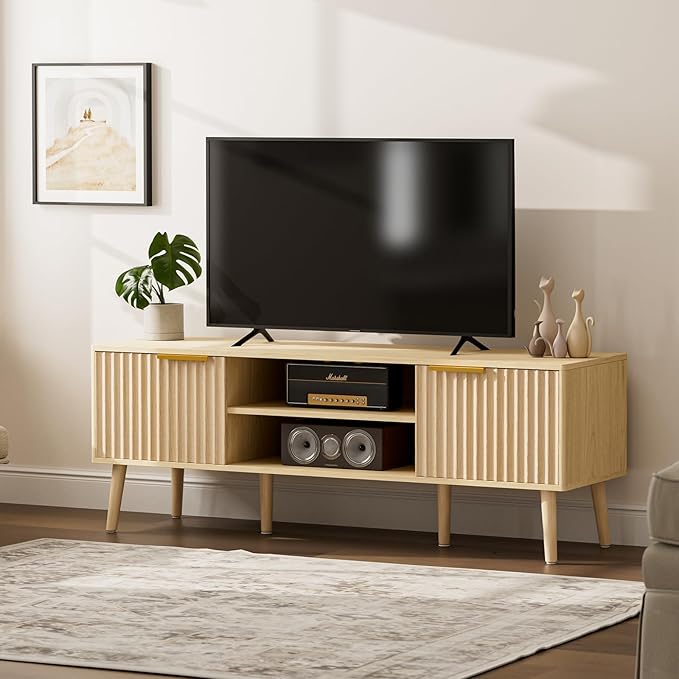 TV Stand for Living Room, Boho Entertainment Center for 55/60 inch TVs, Media Console with Fluted Door Cabinets and Open Shelves, for Bedroom, Oak