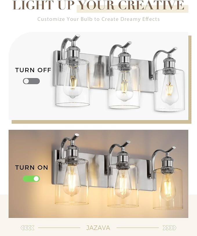 3-Light Bathroom Vanity Light, Brushed Nickel Wall Sconce, Modern Bathroom Light with Clear Glass, VL01BN-3