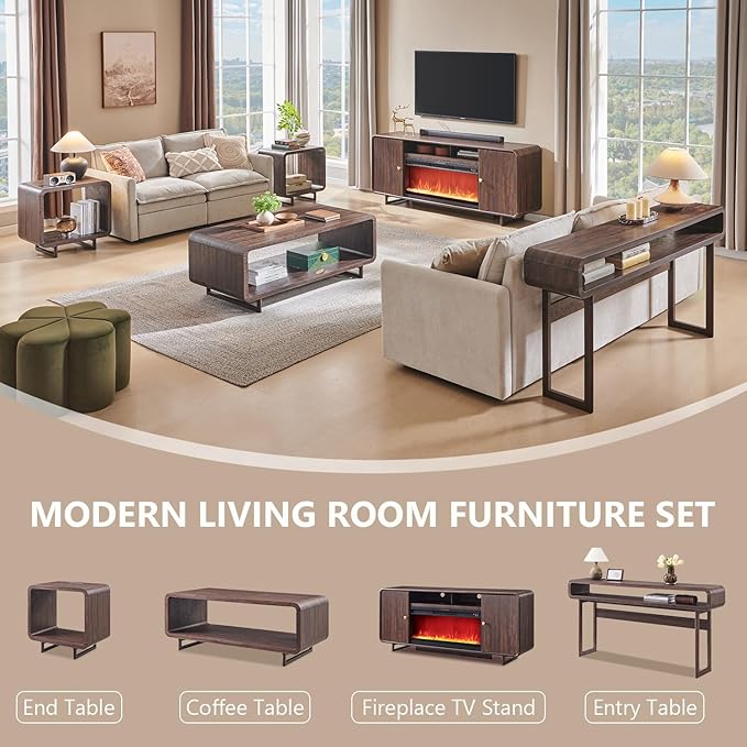 70" Fluted Fireplace TV Stand for 80 Inch TV, Modern Entertainment Center w/36'' Electric Fireplace, Wood Media Console w/Curved Profile Design and Adjustable Shelves for Living Room, Brown