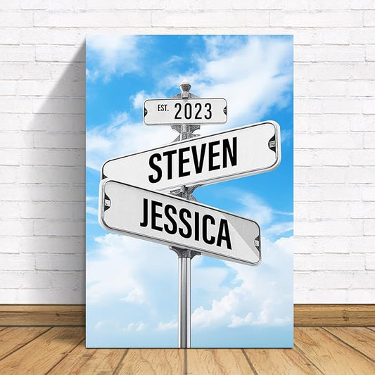 Custom Poster gifts for Couple, Personalized Canvas Vintage Street Signs Name and Date, family wall decor for living room, Valentine's Day, Christmas, wedding gifts for couples (Anniversary Art 09)