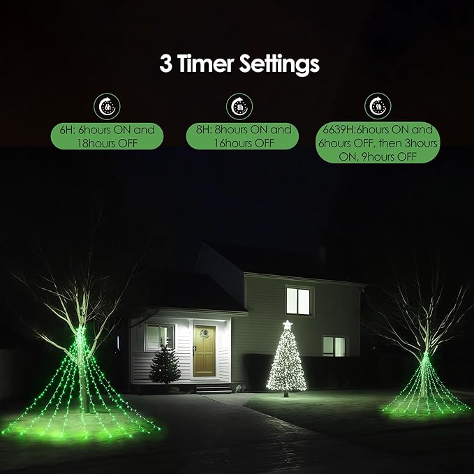 WBao 344 LED Christmas Lights Outdoor Decorations with 12" Star Topper, 11.9ft Waterfall Christmas Lights, Remote Control 8 Modes, 3 Timers, UL Listed Waterproof for Tree Roof Porch Xmas Decor, Green