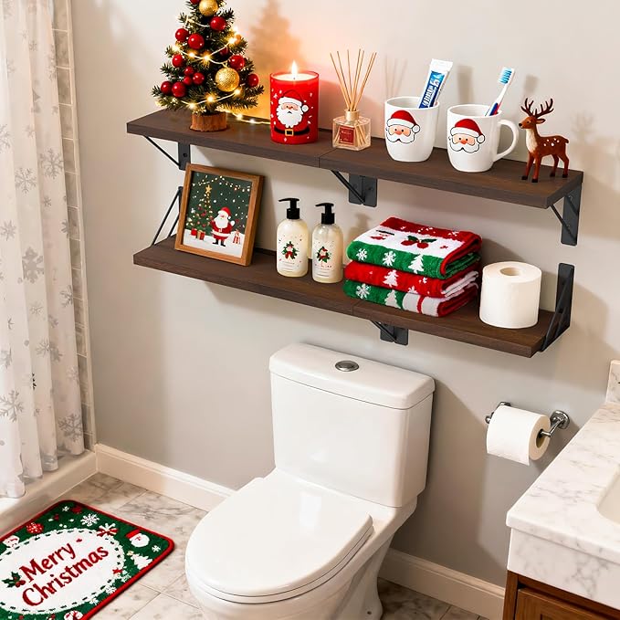 BAYKA Floating Shelves for Wall, Book Shelf for Bedroom, Decor Shelves for Living Room Kitchen, Mounted Wood Floating Shelf for Home Decor, Corner Shelf for Bathroom, Office(Dark Brown,Set of 4)