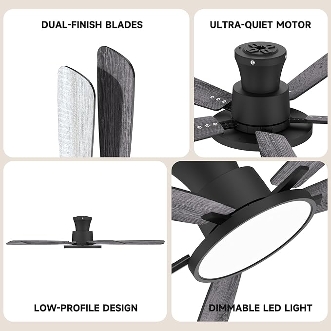 Ceiling Fans with Lights,52 inch,Quiet,Reversible Motor,Dimmable, Adjustable Color Temperature,6 Speeds,Timer, Low Profile Ceiling Fan for Bedroom,Living Room,Indoor/Outdoor Use(Gray)