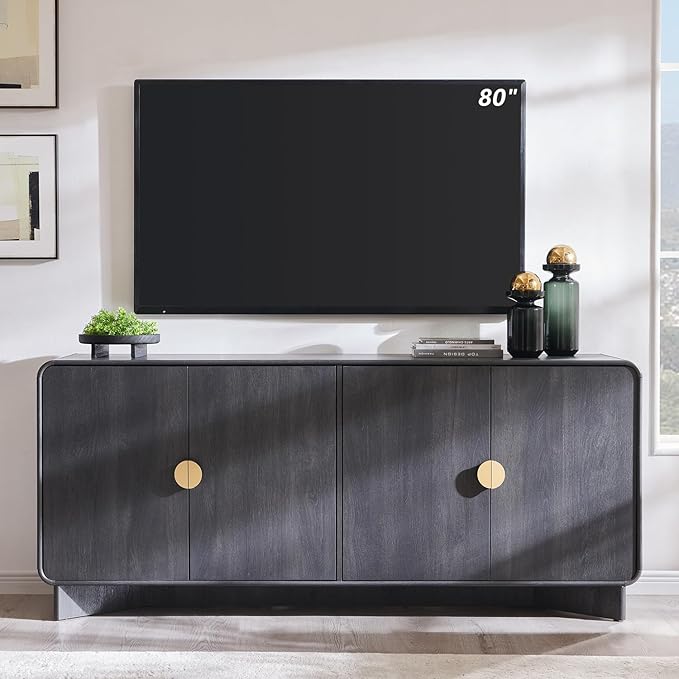 70" Modern TV Stand for TVs Up to 80 inches, 30" Tall Entertainment Center with Storage and Adjustable Shelves, TV Console with Curved Profile Design, Media Console for Living Room, Dark Grey