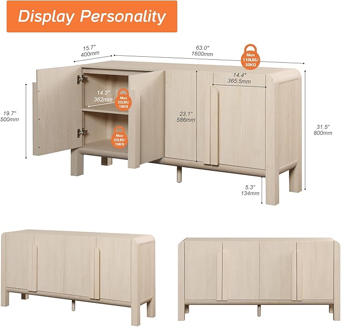 WAMPAT 63" W Large Buffet Sideboard Cabinet with Storages, Modern Buffet Table Coffee Bar Wine Bar Storage Curved Cabinet with 4 Doors for Dining Room, Living Room, Kitchen, Light Oak