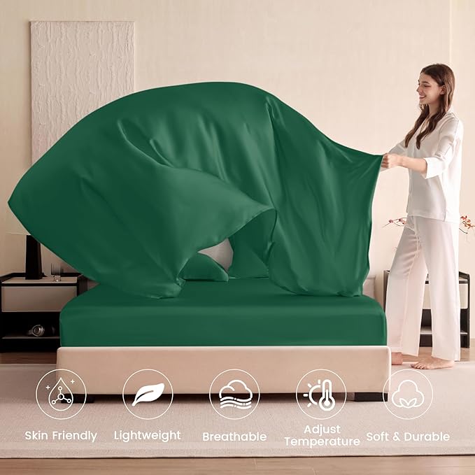THXSILK Silk Sheet Set 5Pcs, 6A+ Top Grade 100% Pure Mulberry Silk Bed Sheets, Ultra Soft Durable Luxury Bedding Sets, 2 Fitted Sheet, 1 Flat Sheet and 2 Pillowcases (Split King, Emerald Green)