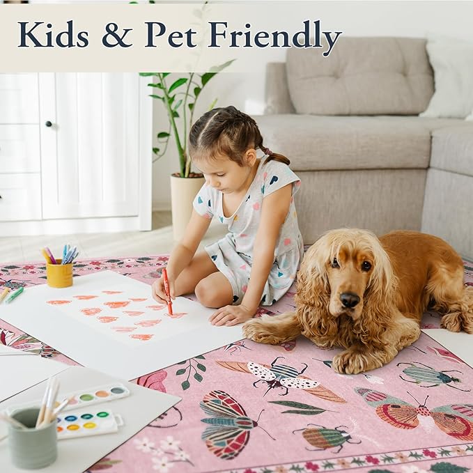 Lahome Insect Washable Rugs 8x10, Soft 8x10 Rugs for Living Room Dining Room Ultra-Thin, Non-Slip Bedroom Rug Large Carpet Non-Shedding Accent Rug for Girls Classroom Nursery(8x10ft,Pink)