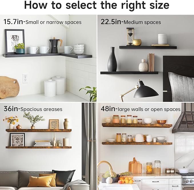 BAYKA Floating Shelves, 48 inch Wall Mounted Rustic Wood Shelves for Bathroom, Bedroom, Living Room, Kitchen, Office, Hanging Shelf for Books/Storage/Decor(Rustic Brown,Set of 2)