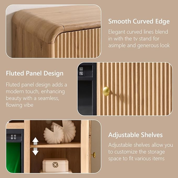 70" Fluted Fireplace TV Stand for 80 Inch TV, Modern Entertainment Center w/36'' Electric Fireplace, Wood Media Console w/Curved Profile Design and Adjustable Shelves for Living Room,Natural Oak