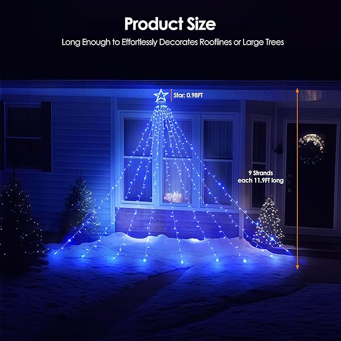 WBao 344 LED Christmas Lights Outdoor Decorations with 12" Star Topper, 11.9ft Waterfall Christmas Lights, Remote Control 8 Modes, 3 Timers, UL Listed Waterproof for Tree Roof Porch Xmas Decor, Blue