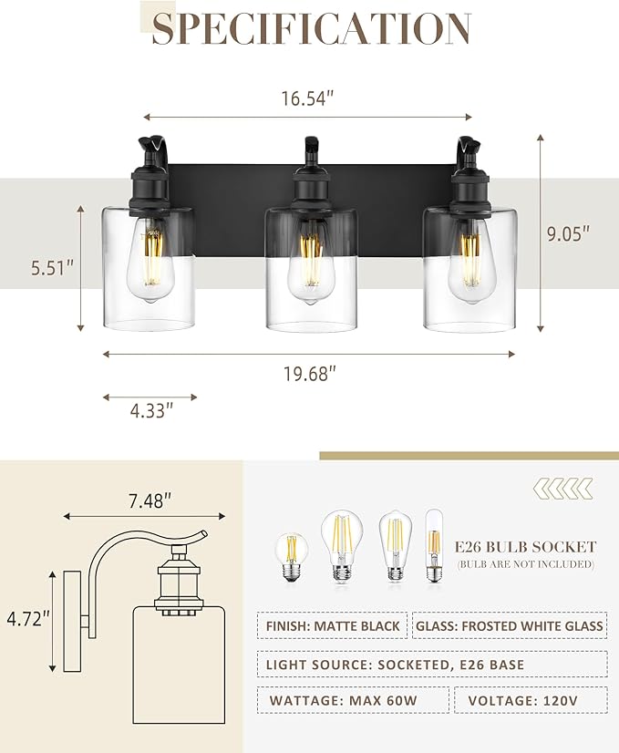 3-Light Black Bathroom Light Fixture Over Mirror, Modern Vanity Light, Clear Glass Wall Sconce, VL01BK-3