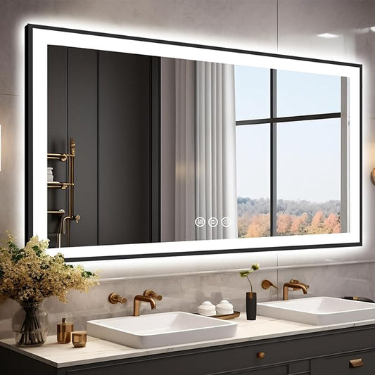 55x36 LED Bathroom Mirror, Black Aluminum Framed, Backlit + Front-Lit, 3 Colors Temperature Changeable, Dimmable Vanity Mirror, Tempered Glass, Defog, Waterproof, Memory (Horizontal/Vertical)