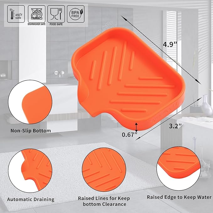 Silicone Bathroom Soap Dishes with Drain Spout-Bathroom and Kitchen Sink Organizer,Sponge Holder,Dish Soap Tray,Perfect for Dispenser,Scrubber,Bottle,Cup on Sink or Counter-Orange 4.9"×3.2"