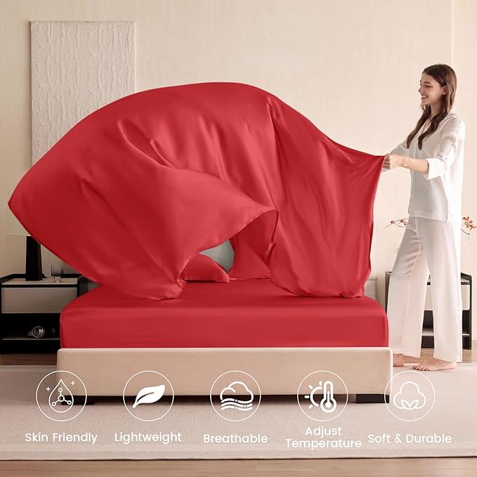 THXSILK Silk Sheet Set 5Pcs, 6A+ Top Grade 100% Pure Mulberry Silk Bed Sheets, Cooling Ultra Soft Durable Luxury Bedding Sets, 2 Fitted Sheet, 1 Flat Sheet and 2 Pillowcases (Split King, Red)