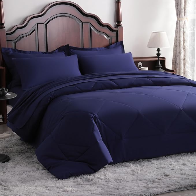 NTBAY Queen Comforter Set with Sheets, 7 Pieces Soft and Breathable Queen Bedding Set, Bed in a Bag, Down Alternative Comforter Set Solid Color All Season, Queen Bedding Set, Navy Blue