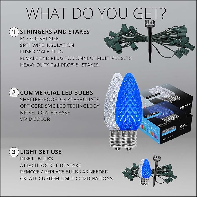 Wintergreen Lighting 100’ OptiCore LED Blue and White Christmas Pathway Lights, C9 Outdoor Christmas Lights, 4.5” Stakes, Green Wire Plug String Lights