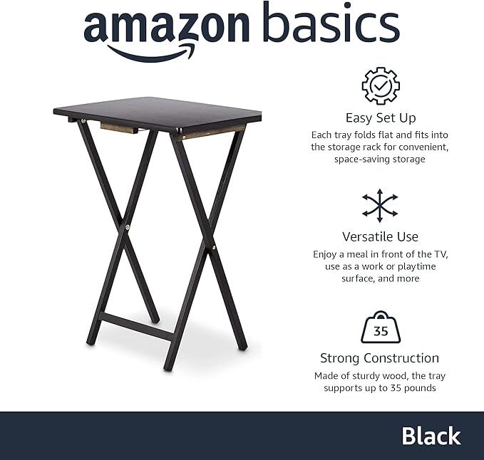Amazon Basics Portable TV Dinner 4-Pack Rectangular Folding Tray Table with Storage Rack, Black, 15" x 19" x 26"