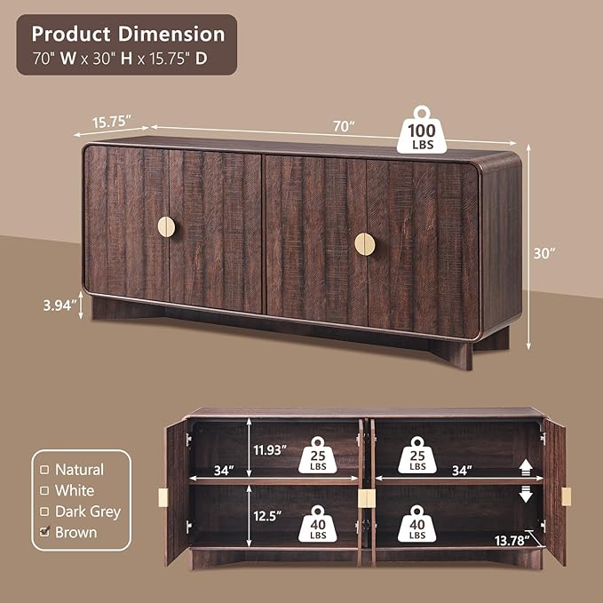 Modern Buffet Cabinet with Storage, 70" Large Sideboard Buffet Storage Cabinet with 4 Doors and Adjustable Shleves, Wooden Curved Coffee Bar for Dining Room, Kitchen, Living Room, Brown