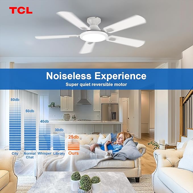 TCL Ceiling Fans with Lights, 52 Inch Low Profile Ceiling Fan with Light and Remote Control, Flush Mount, DC Reversible Motor, Noiseless, 6 Speeds Ceiling Fan for Bedroom (White)