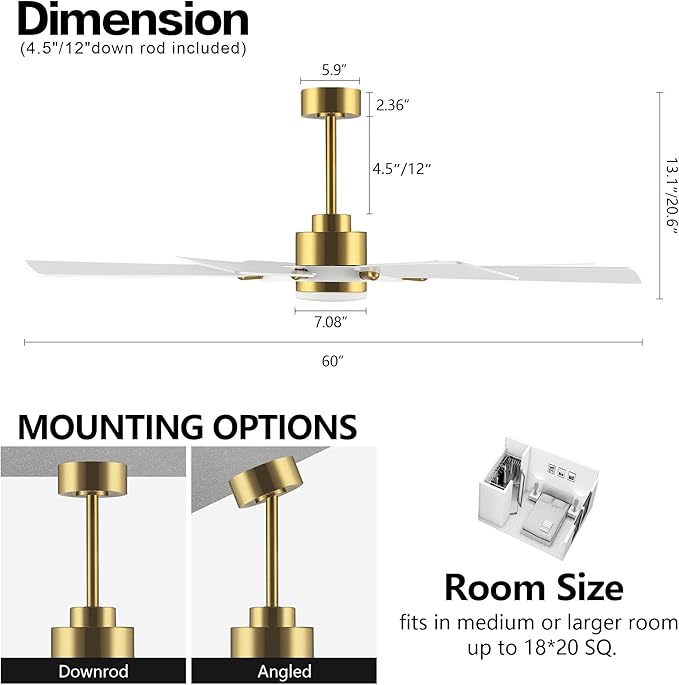 ELEHINSER 60 Inch Ceiling Fan with Lights and Remote Control, 8 Plywood Blades, 6-Speed Noiseless Reversible DC Motor, 3CCT, Windmill Ceiling fan for Kitchen Bedroom Living Room, Brass and White
