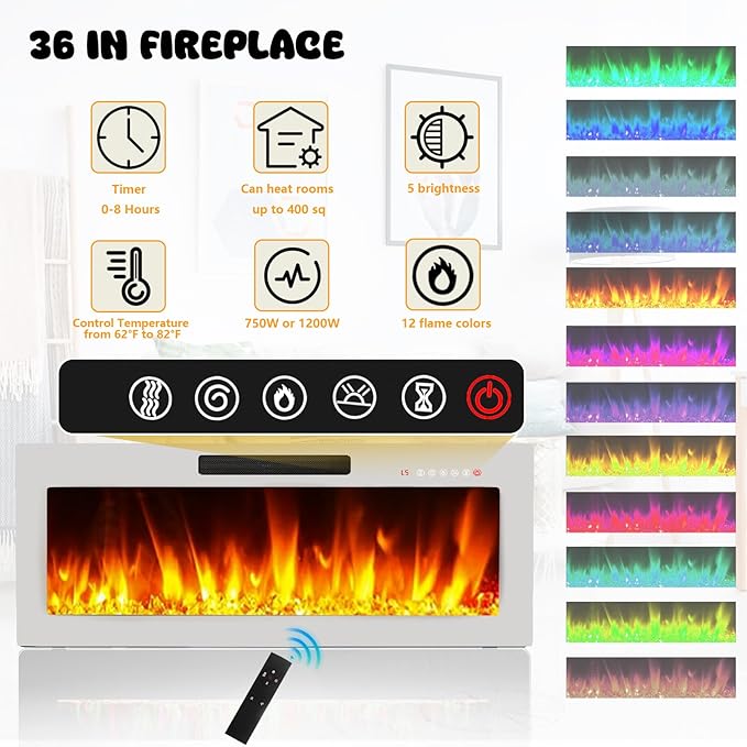 LEMBERI Floating Fireplace TV Stand 70'' Wall Mounted Shelf, LED Light Entertainment Center and Storage, Modern Wood Media TV Console with Highlight (White with White Fireplace)