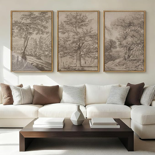 Anyzal Vintage Tree Sketchbook Wall Art Neutral Forest Landscape Illustrations Artwork Bedroom Living Room Office 16x24 Inch Set of 3