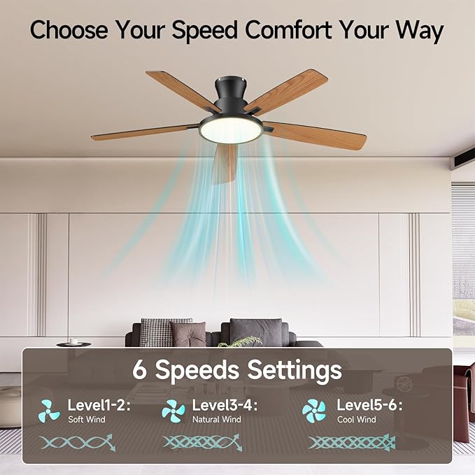 Ceiling Fans With Lights,52 Inch Smart Ceiling Fan, Remote/App Control, Compatible with Alexa/Google Assistant,Reversible,Dimmable,Adjustable Color Temperature,6 Speeds,Timer(Black)