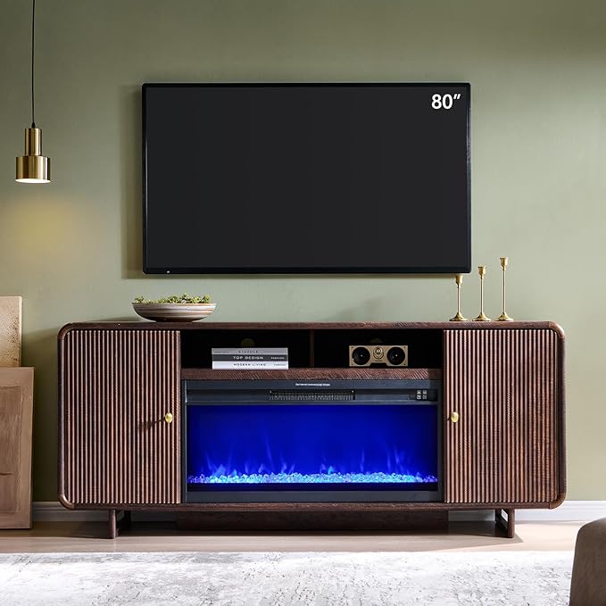 70" Fluted Fireplace TV Stand for 80 Inch TV, Modern Entertainment Center w/36'' Electric Fireplace, Wood Media Console w/Curved Profile Design and Adjustable Shelves for Living Room, Brown