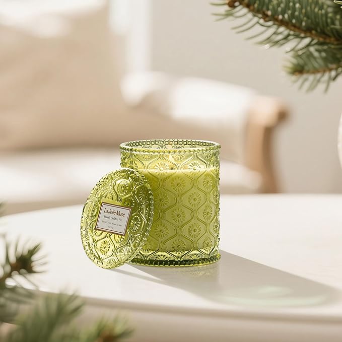 LA JOLIE MUSE Starlit Golden Fir Scented Candle | Cedarwood, Patchouli & Fir Balsam | 6 oz Soy Wax | 40 Hours Clean Burn | Fresh Scent Candles for Home | Gift-Ready for Hosts & Gatherings