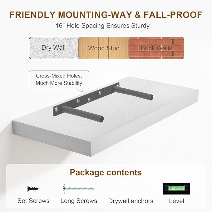 Fun Memories White Floating Shelves 16 Inch Long, 8 Deep Floating Shelf Wall Mounted, 16 x 8 Inch Wooden Bathroom Shelves, Deep Storage Shelves for Living Room, Kitchen, Set of 2