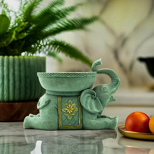Elephant Decor Resin Sculpture with Tray – Antique Style Animal Figurine for Home, Office, Bookshelf, TV Stand – Unique Gift for Women, Moms, Friends(Green Elephant Tray)