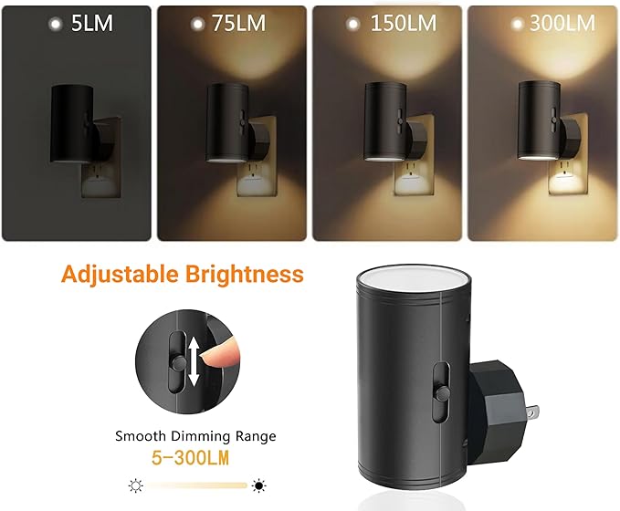LED Night Light Plug into Wall, 0-300LM Adjustable Brightness,Light Sensor,Daylight 5000K,Dimmable Night Light for Hallway Bedroom Stairway, 4 Pack