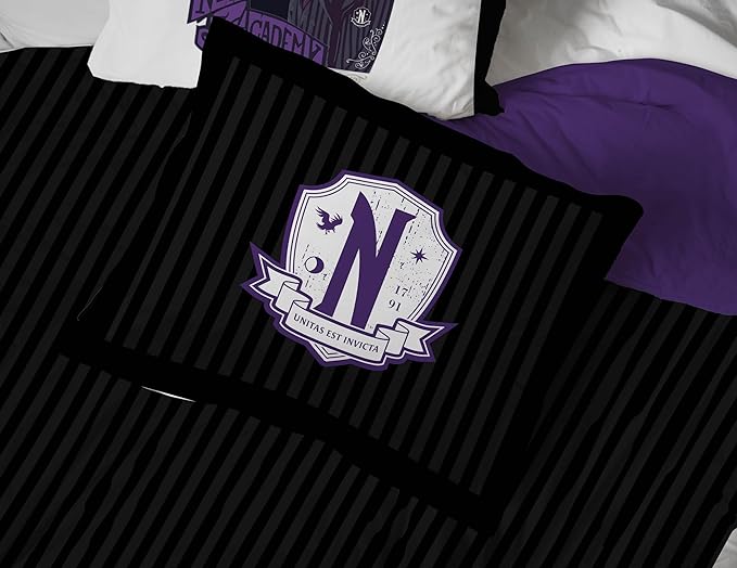 Jay Franco Wednesday Addams Queen Comforter Set - 7 Piece Bedding Includes Sheet Set & Pillow Covers - Black and Grey Stripes Super Soft Kids Bedding
