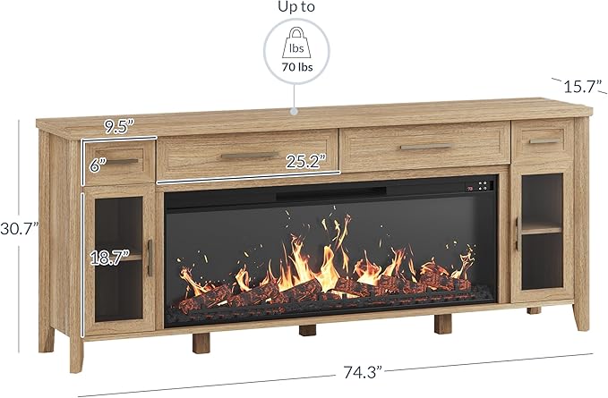 BELLEZE 74 Inch Rustic TV Stand with 48" Electric Fireplace, Extra Large Entertainment Center with Storage Cabinets & 4 Drawers, Media Console Table for Living Room Bedroom (Camel)