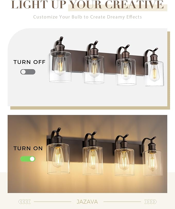 4 Light Bathroom Vanity Light, Morden Bathroom Vanity Lights Over Mirror Oil Rubbed Bronze Wall Sconce Light with Clear Glass Shade ZCVL01ORB-4